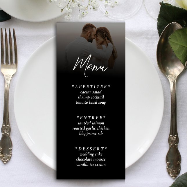 Enkel ombre-registrering av svart fotobröllop meny (Simple Ombre Black Photo Wedding Reception Menu)