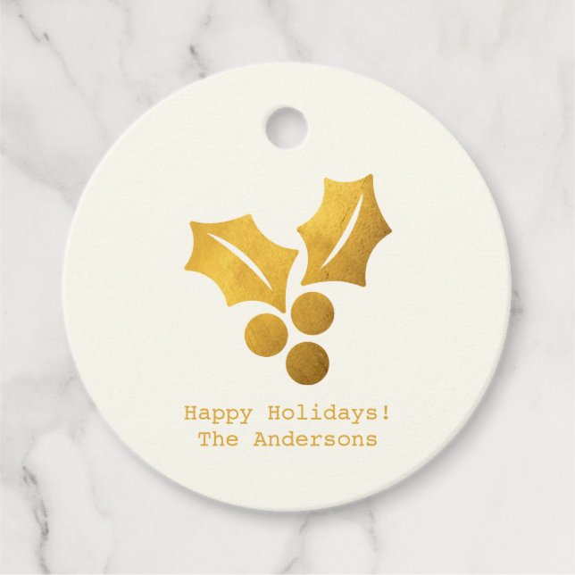 Enkel Önskemål ・ Minimalistisk jul i Guld Holly Gåvor Etiketter (Framsida)