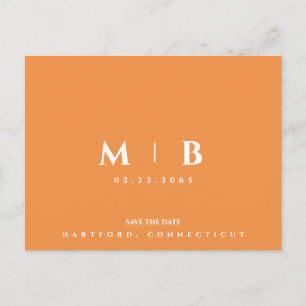 Enkel Orange Monogram Bröllop spara datum Vykort