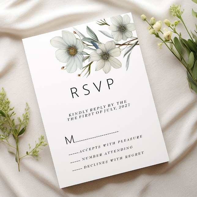 Enkel OSA av blommigten vår vid vit mynta grönt Inbjudningar (Simple white mint green spring floral RSVP )