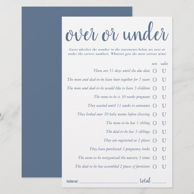 Enkel över eller under | Dusty Blue Game Card (Fram/baksida)