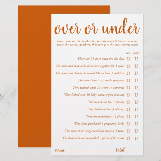 Enkel över eller under | Fall Orange-spelkort (Fram/baksida)