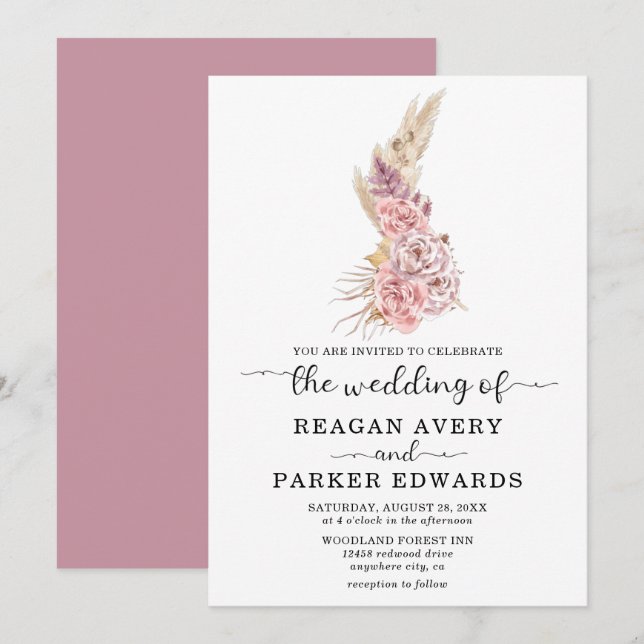 Enkel pampas Grass Blommigt Ro och Lila Bröllop Inbjudningar (Fram/baksida)