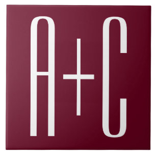 Enkel Par Initialer Vit & Burgundy Kakelplatta