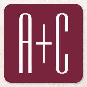 Enkel Par Initialer   Vit & Burgundy Underlägg Papper Kvadrat