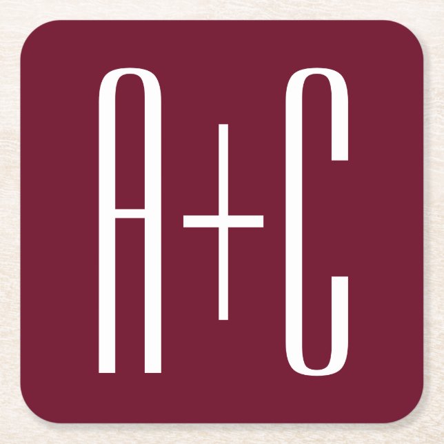 Enkel Par Initialer | Vit & Burgundy Underlägg Papper Kvadrat (Framsidan)