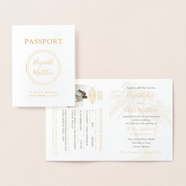 Enkel passinbjudan Beach Wedding Gold Foil Folierat Kort (Display)