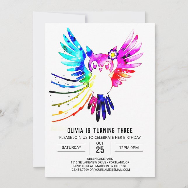 Enkel Pastel Digital Uggla-födelsedag Inbjudningar (Framsida)