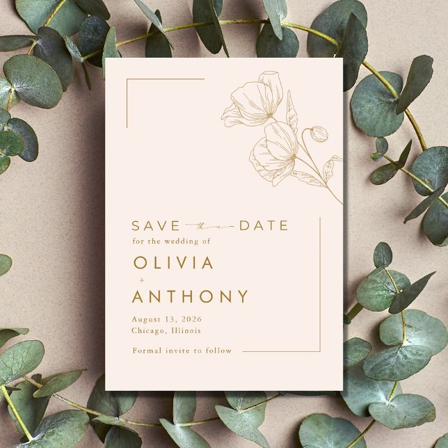 Enkel Pastel Rosa Guld Blommigt Photo Bröllop Spara Datumet (Simple Pastel Pink Gold Floral Photo Wedding Save The Date)