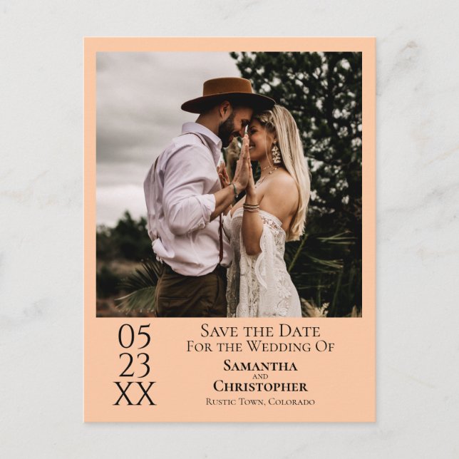 Enkel Peach Orange Bröllop spara datum-foto Vykort (Framsida)