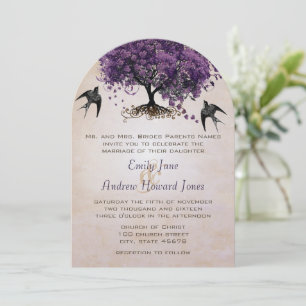 Enkel Peachy Purple Heart Leaf Tree Bröllop Inbjudningar