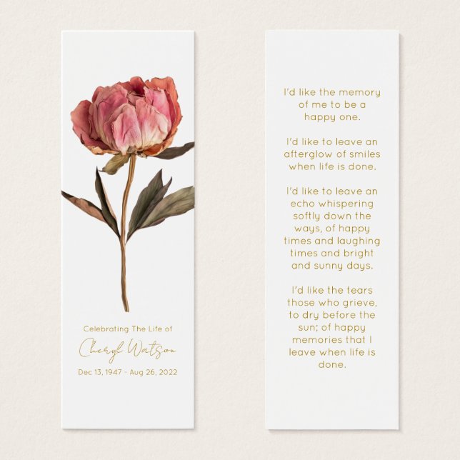 Enkel Peony-begravningsbokmärke Litet Visitkort (Framsida & baksida)