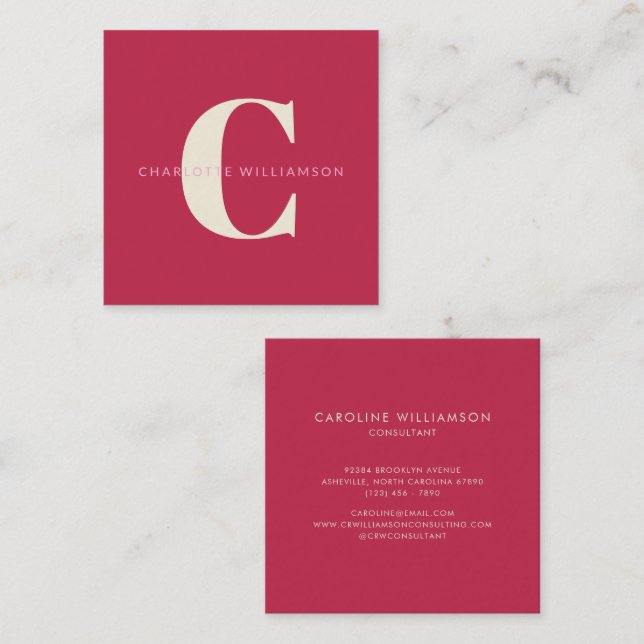 Enkel Personlig Monogram Namn Rosa Red Modern Fyrkantigt Visitkort (Fram/baksida)