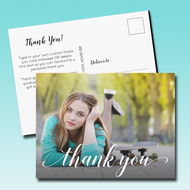 Enkel Photo Studenten White Script-Tack Vykort (Simple photo graduation white handwritten script thank you postcards)