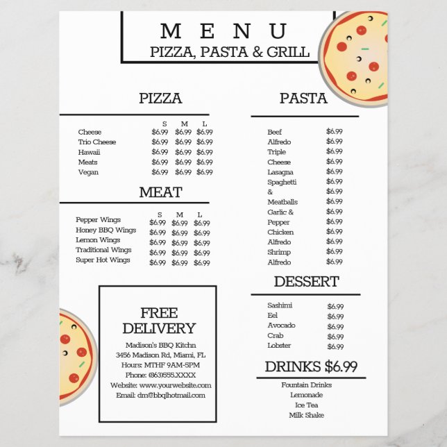 Enkel Pizza Pasta Grill Restaurant Spaghetti Menu Reklamblad (Framsidan)