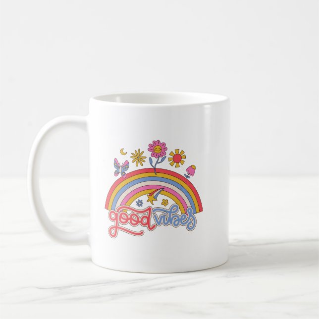 Enkel positiv uppspelning av retro-regnbågsblomma kaffemugg (Vänster)