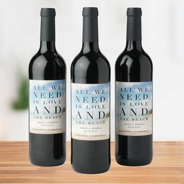 Enkel present vid strandbröllop vinflaska etikett (Simple Beach Wedding Favor Wine Label)