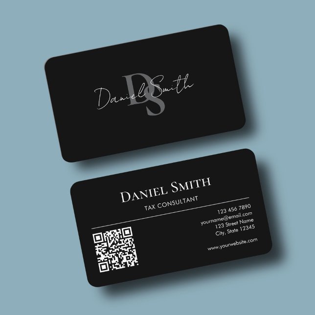 Enkel professionell monogram initial QR-kod svart Visitkort (Simple Professional Monogram Initial QR code Black Business Card mock up)