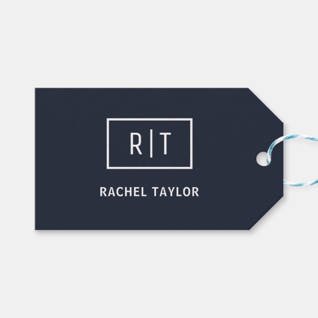 Enkel Professionell Monogram Navy White Gräns Presentetikett (Framsidan (Horisontell))