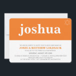 ENKEL PUB MITZVAH coola modern orange i namn Inbjudningar<br><div class="desc">Ett trendig, enkel design för ditt barns PUB MITZVAH-INBJUDNINGAR. Wow dina vänner och din familj med det här lilla numret;DSetup som mall är det enkelt att lägga till dina egna uppgifter, lägga till ditt foto eller slått anpassa knappen och du kan lägga till eller ändra text, typsnitt, storlekar etc. TIP...</div>