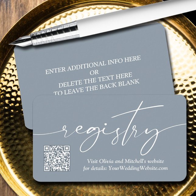 Enkel QR-kod för handskrivna bröllopspresentregist Tilläggskort (QR Code on handwritten script wedding registry enclosure cards - Dusty Blue, more info on back)