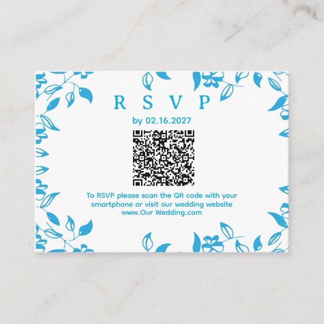enkel QR RSVP blå blomster rustic kort (Framsida)