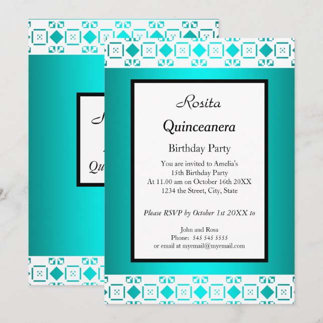 Enkel Quinceanera Teal White-födelsedagsfest Inbjudningar (Fram/baksida)
