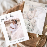 Enkel redigerbar spara datumet för fotominimalisti vykort<br><div class="desc">Bröllop spara datum-kort som har ett foto på framsidan och baksidan. Spara datumkorten innehåller en modern handskriven kursiv skripttypografi som är elegant,  enkel och modern till använda efter att du har minimalistisk enkel bröllopsdag firande.</div>