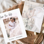 Enkel redigerbar spara datumet för fotominimalisti vykort<br><div class="desc">Bröllop spara datum-kort som har ett foto på framsidan och baksidan. Spara datumkorten innehåller en modern handskriven kursiv skripttypografi som är elegant,  enkel och modern till använda efter att du har minimalistisk enkel bröllopsdag firande.</div>