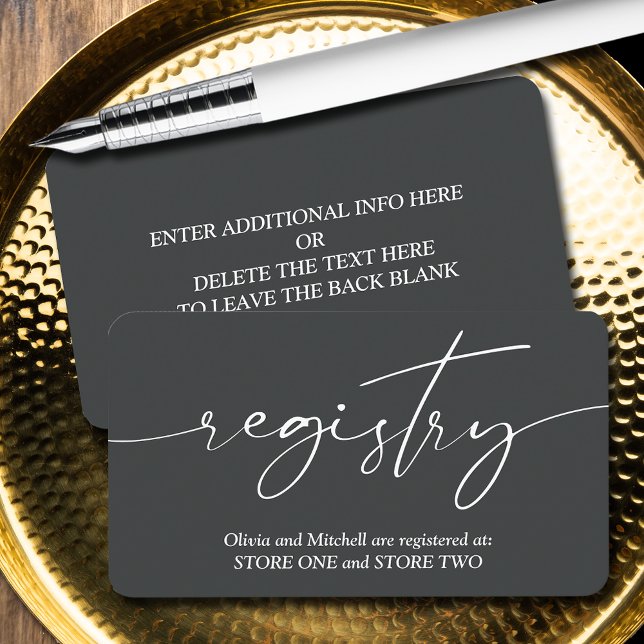 Enkel registrering i Onyx Bröllop Tilläggskort (Simple handwritten script wedding registry enclosure cards - Off Black, more info on the back)