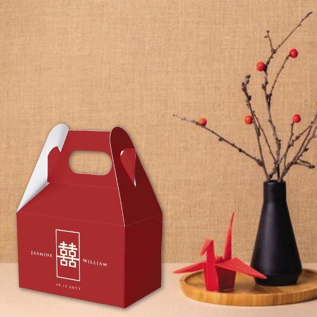 Enkel rektangulär Dubbla lycka i kinesiska Bröllop Presentaskar (Ivory/Red Simple Rectangle Double Happiness Chinese Wedding Party Favor Boxes @ fatfatin_red_knot)