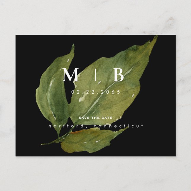 Enkel & Ren Monogram Bladverk Spara Datum QR Vykort (Framsida)