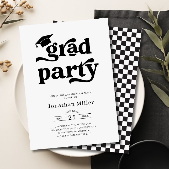 Enkel Retro Black and White-Studentfest Inbjudningar (Simple Retro Black and White Graduation Party Invitation)