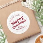 Enkel Retro Modern jul - stor Runt Klistermärke<br><div class="desc">Ett enkelt modernt klistermärke som säger "God jul" i ett trendig. Namn vid grund är en mall som kan bytas ut mot kostym i din familj,  ditt företag eller något annat ordspråk som du vill ha.</div>