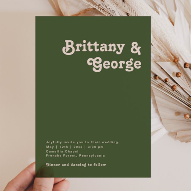 Enkel retro Vibes | OLIV GRÖNT AVSLAPPNAD BRÖLLOP Inbjudningar (Skapare uppladdad)