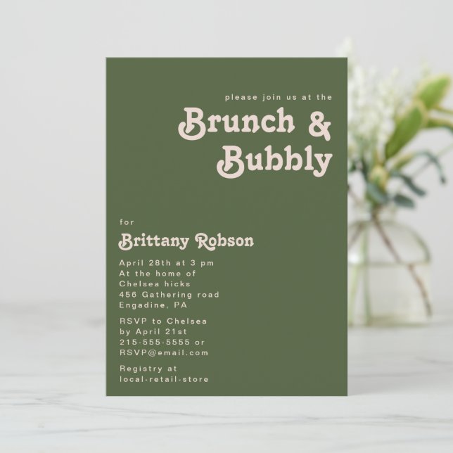 Enkel retro Vibes | Oliv grönt Brunch och Bubly Inbjudningar (Stående Fram)