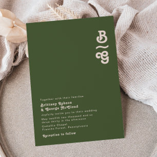 Enkel retro Vibes Oliv grönt Monogram Bröllop Inbjudningar