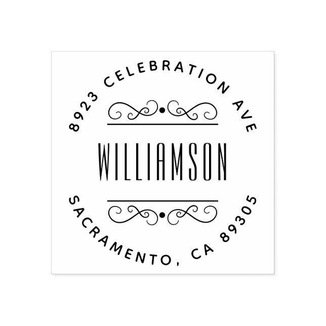 Enkel Returadress för Deco-familjens Namn-runda Stämpel (Tryck)