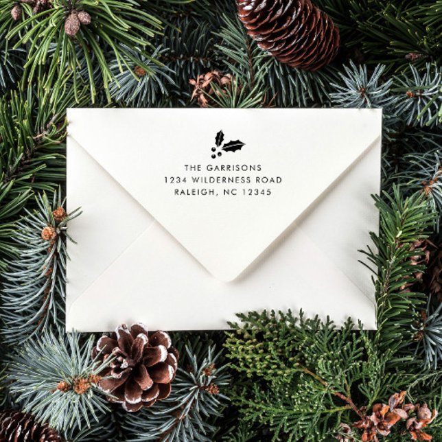 Enkel Returadress för Grey-julkort Självfärgande Stämpel (A simple Christmas card return address self inking stamp with black ink and holly icon.)