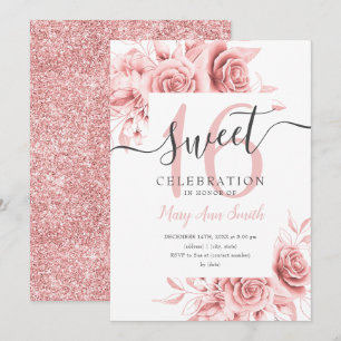 Enkel Ro Guld Blommigt och Glitter Sweet 16 skript Inbjudningar
