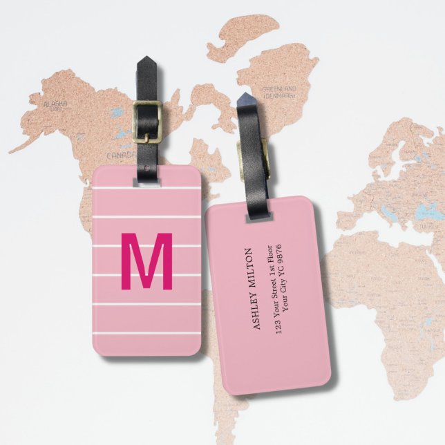 Enkel Ro White Linjer Rosa Bold Monogram Bagagebricka (Skapare uppladdad)