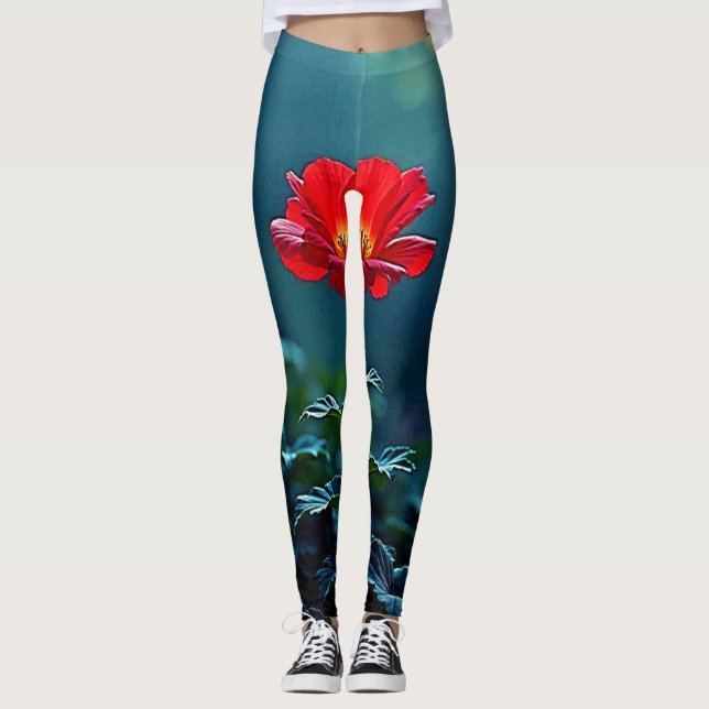 Enkel röd blomdesign i fokus leggings (Framsida)