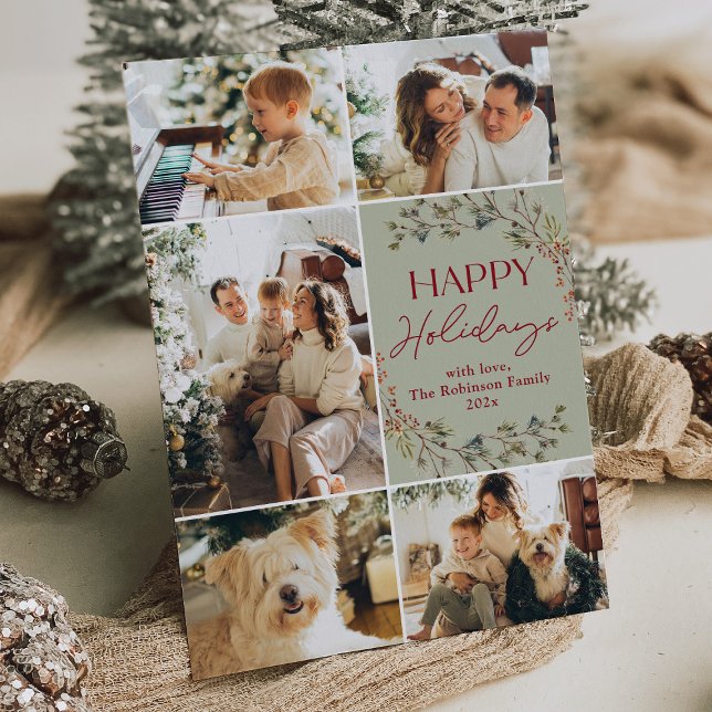 Enkel röd grön 5-foto glad jul-kort julkort (Skapare uppladdad)