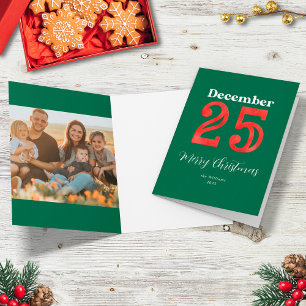 Enkel Röd Grön God Jul Familjefoto Helgkort
