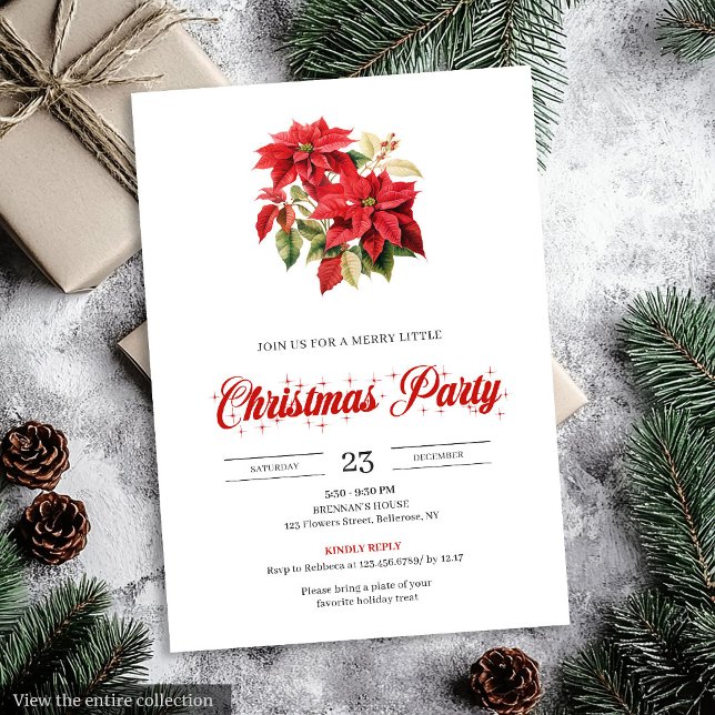 Enkel röd julstjärna botanisk jul  inbjudningar (Simple Red Poinsettia Botanical Holiday Christmas Invitation)