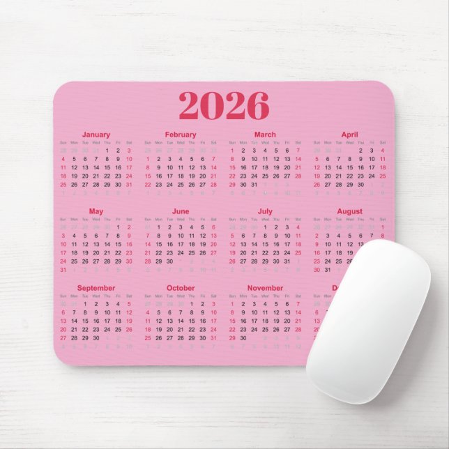 Enkel röd och rosa 2026-kalender  musmatta (Med mus)