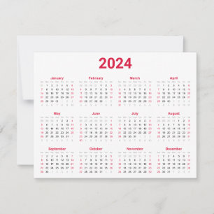 Enkel röd och vit 2024-års översiktskalender kort