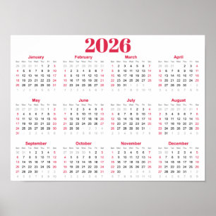 Enkel röd och vit 2026-kalender poster