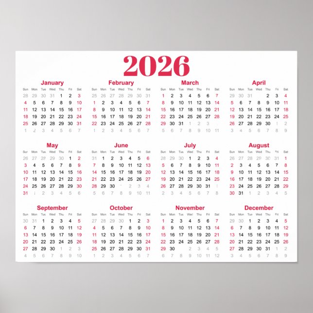 Enkel röd och vit 2026-kalender poster (Framsidan)
