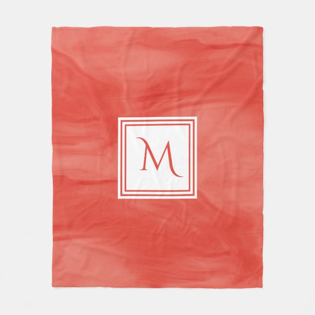 Enkel röd Orange subtle Marble Modern Monogram Fleecefilt (Framsidan)